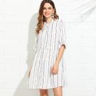 Shein Roll Tab Sleeve Button Up Striped Shirt Dress