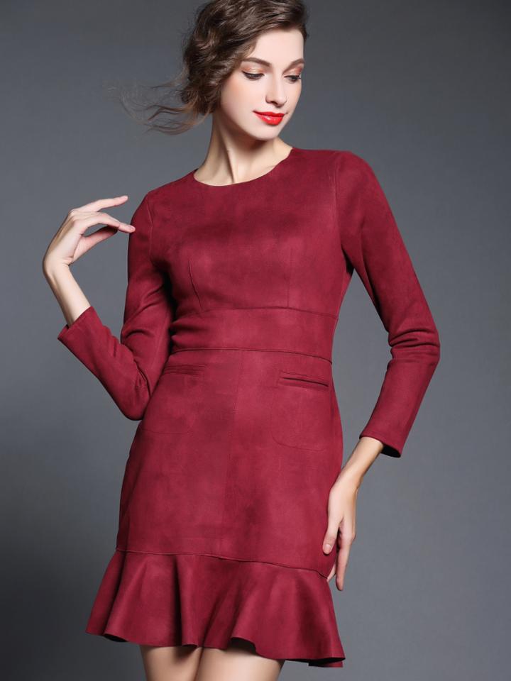 Shein Win Red Round Neck Long Sleeve Ruffle Dress