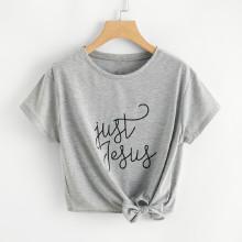 Shein Letter Print Knot Hem Tee