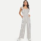Shein Ruffle Embellished Straight Leg Striped Jumpsuit