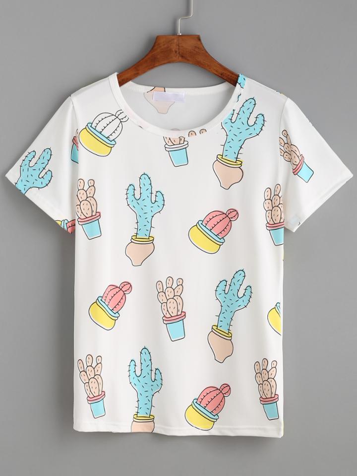 Shein White Cactus Print T-shirt