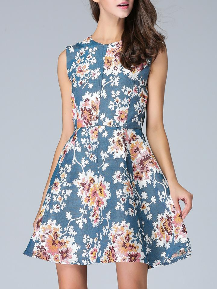 Shein Blue Floral Jacquard A-line Dress
