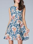 Shein Blue Floral Jacquard A-line Dress