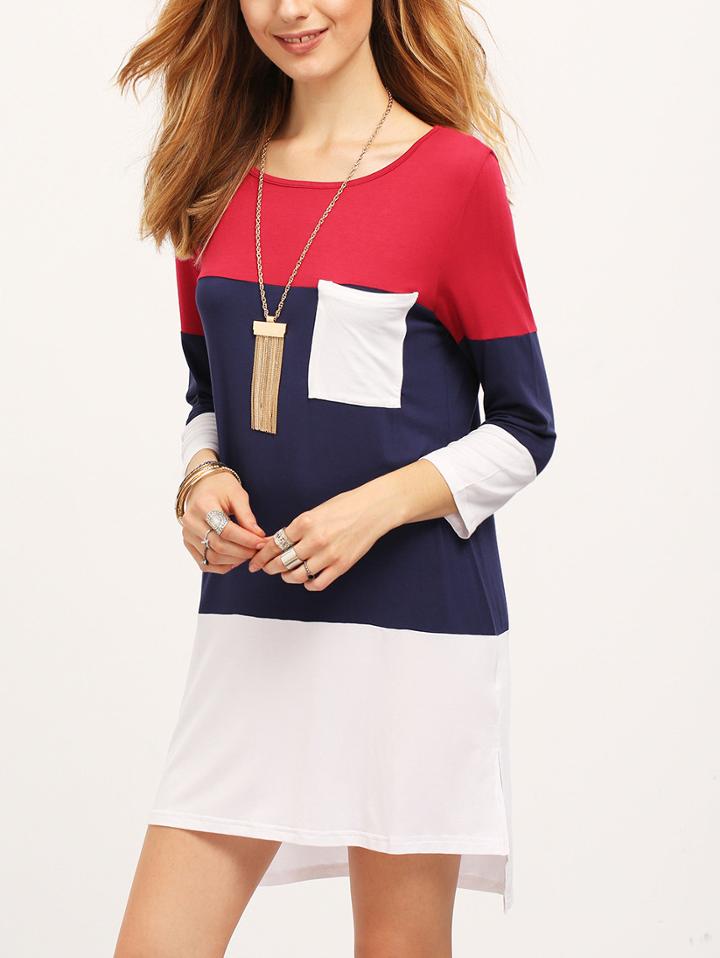 Shein White Color Block Pockets Dress