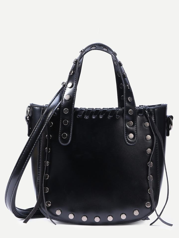 Shein Black Studded Whipstitch Tote Bag With Strap