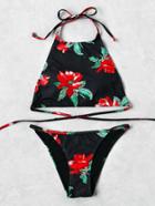 Shein Flower Print Halter Neck Self Tie Bikini Set