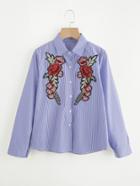 Shein Embroidered Appliques Vertical Striped Shirt