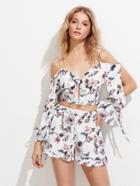 Shein Cold Shoulder Split Sleeve Top With Shorts