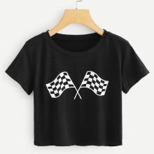 Shein Gingham Flag Print Tee