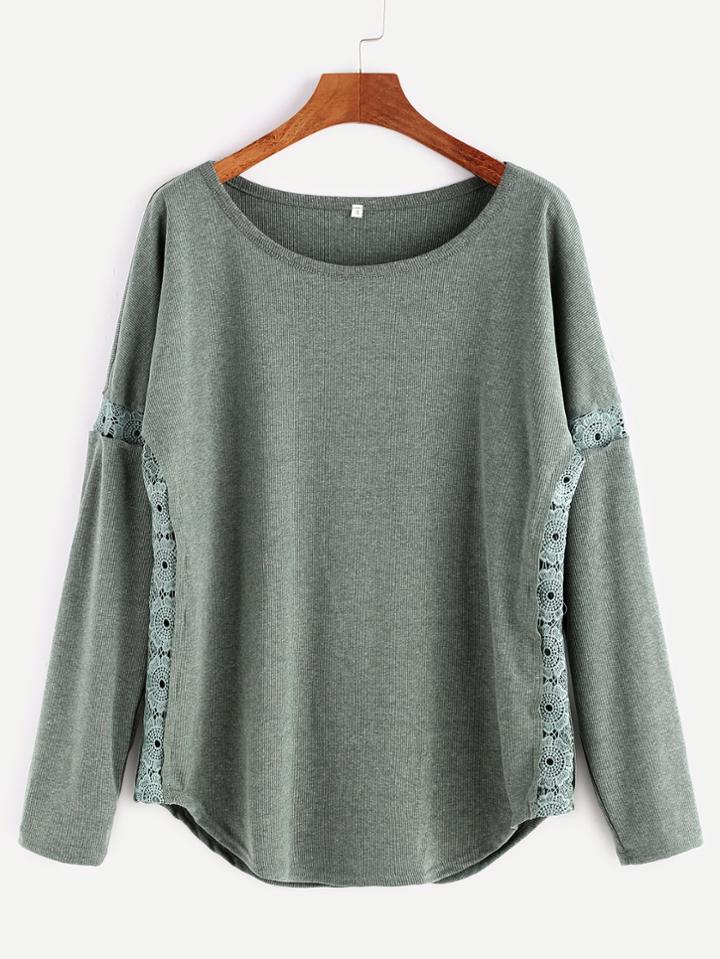 Shein Green Contrast Crochet Trim Curved Hem T-shirt
