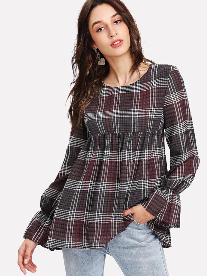 Shein Long Sleeve Plaid Smock Top