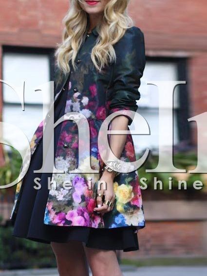 Shein Multicolor Long Sleeve Lapel Floral Coat