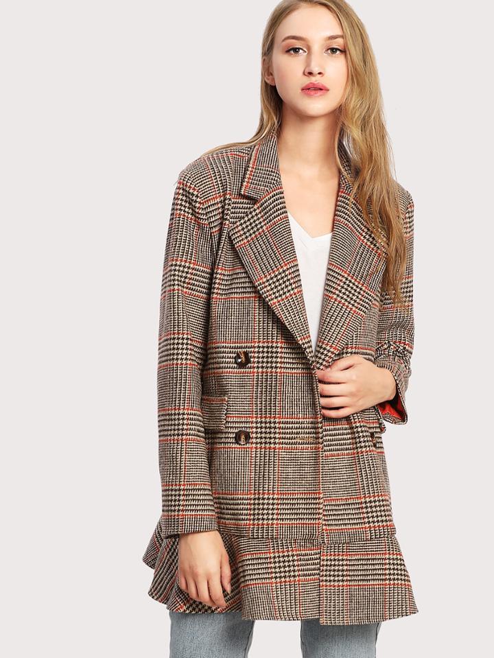 Shein Notch Collar Ruffle Hem Plaid Coat