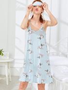 Shein Rabbit Print Ruffle Hem Dress With Eye Mask