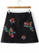 Shein Black Embroidered Zipper Back A Line Skirt