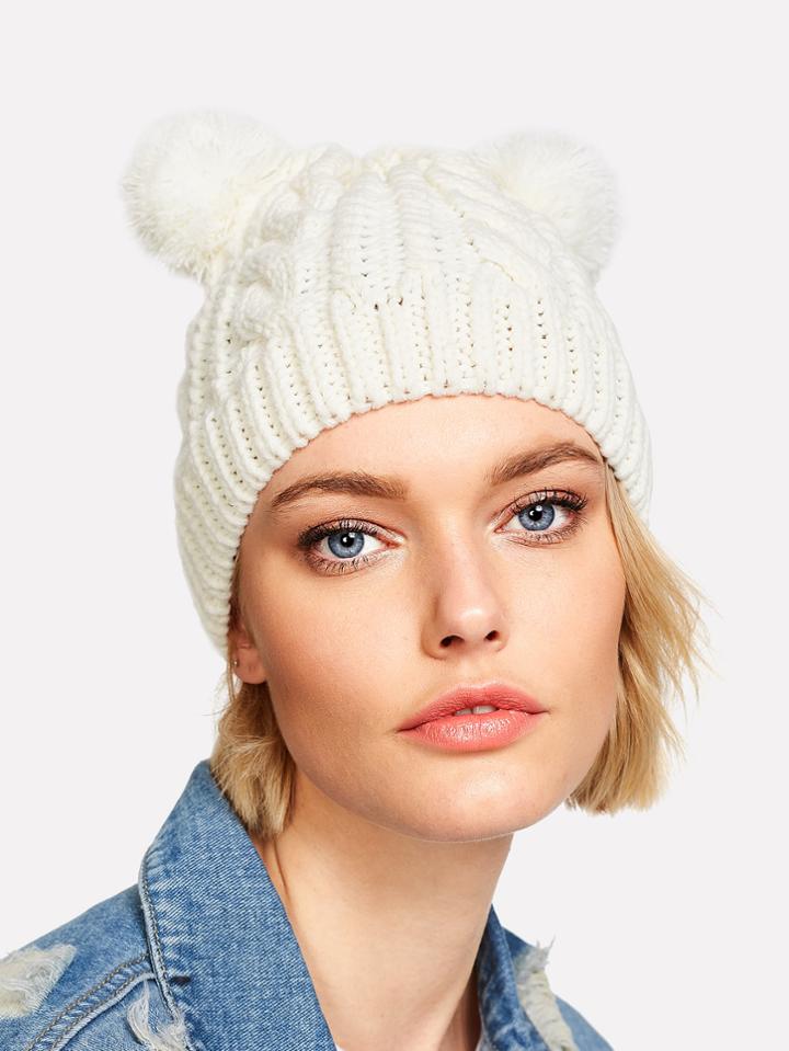 Shein Pom Pom Ear Cable Knit Beanie Hat