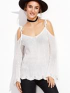 Shein White Cold Shoulder Scallop Hem Sweater