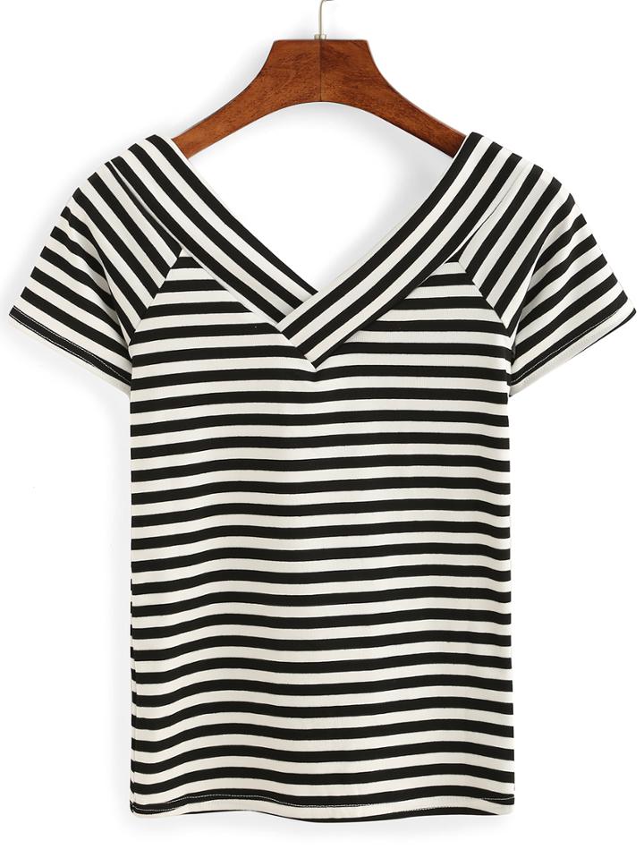 Shein Doublle V-neck Striped T-shirt