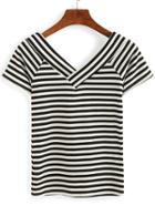 Shein Doublle V-neck Striped T-shirt