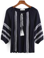 Shein Navy Tie-neck Embroidered Loose Blouse
