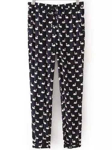 Shein Black Swan Print Pant With Draw Cord Waist