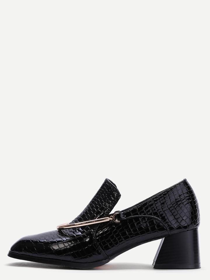 Shein Black Croc Embossed Pu Embellished Chunky Pumps