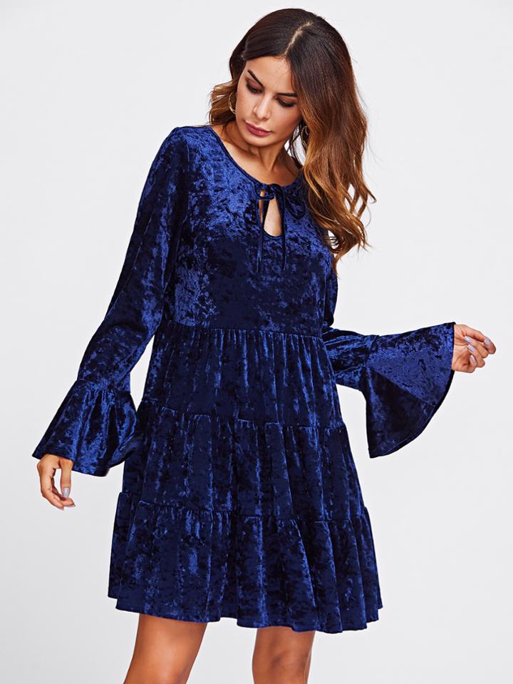 Shein Keyhole Tie Neck Bell Cuff Tiered Velvet Dress