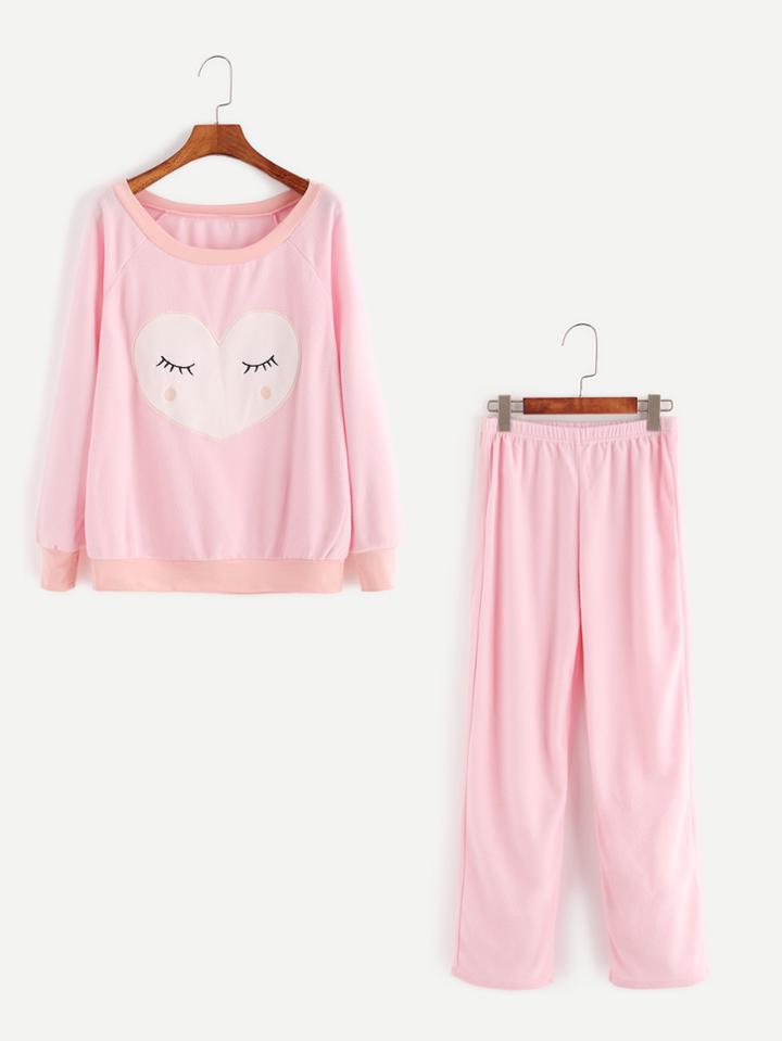 Shein Pink Raglan Sleeve Embroidered Sweatshirt With Pants