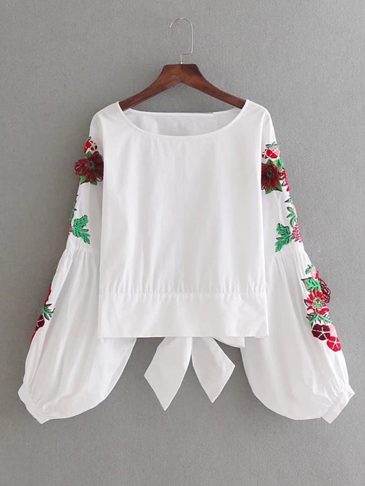 Shein Flower Embroidery Bow Tie Back Top