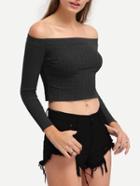 Shein Off-the-shoulder Ribbed Long Sleeve Top - Black