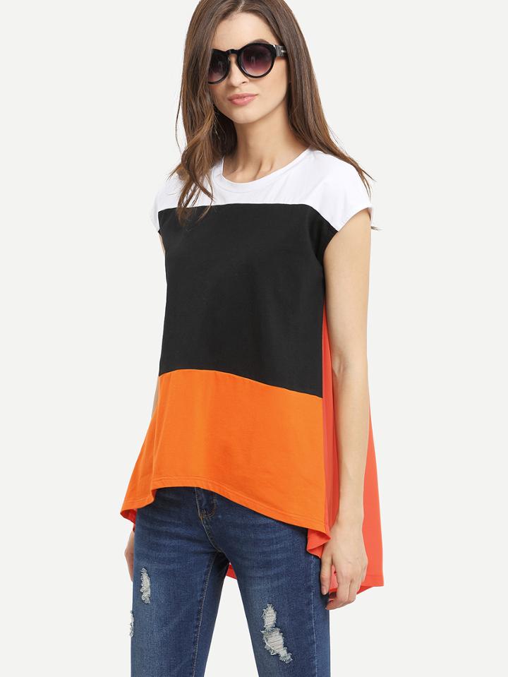 Shein Multicolor Patchwork Cap Sleeve Dip Hem Blouse