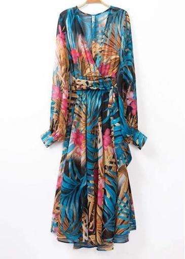 Rosewe Bohemian V Neck Flower Print Design Maxi Dress