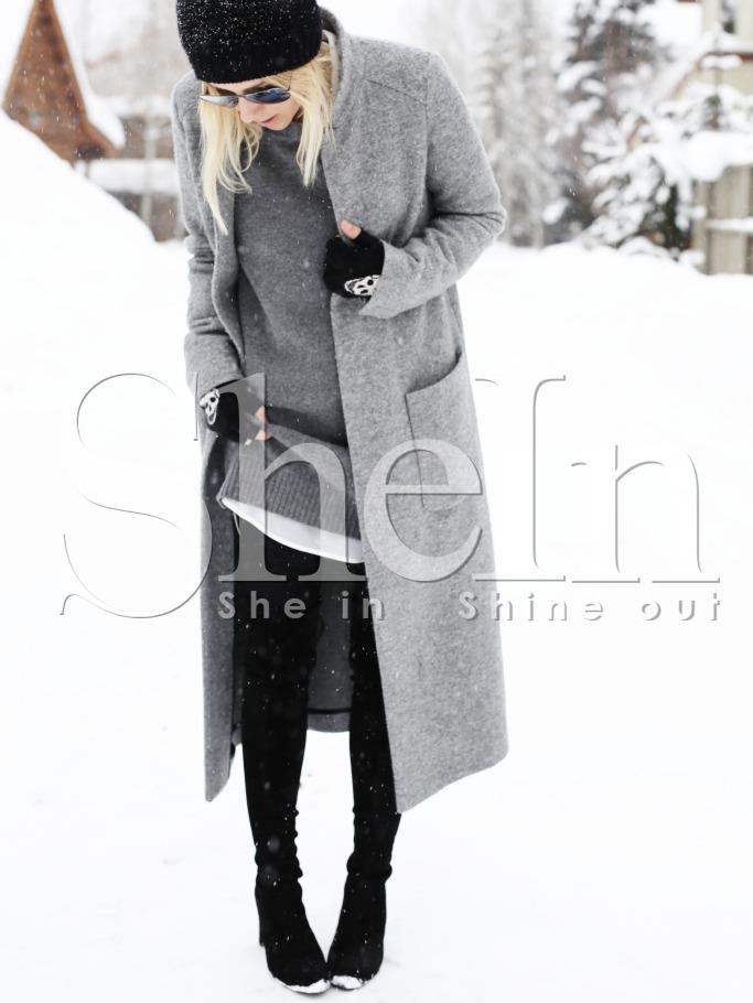 Shein Grey Long Sleeve Pockets Coat
