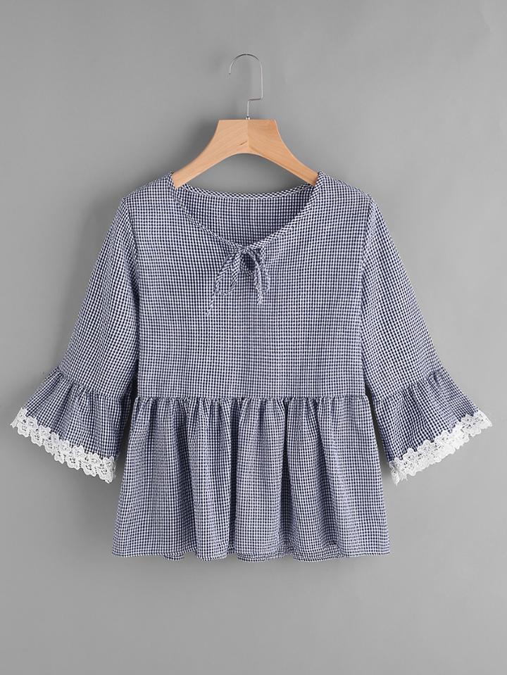 Shein Gingham Bell Sleeve Lace Trim Smock Top