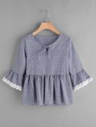 Shein Gingham Bell Sleeve Lace Trim Smock Top