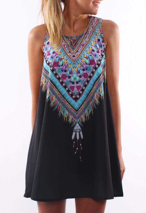 Shein Tribal Print Chiffon Tradition Shift Black Dress