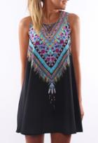 Shein Tribal Print Chiffon Tradition Shift Black Dress