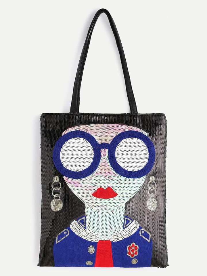 Shein Black Sequin Girl Cute Tote Bag