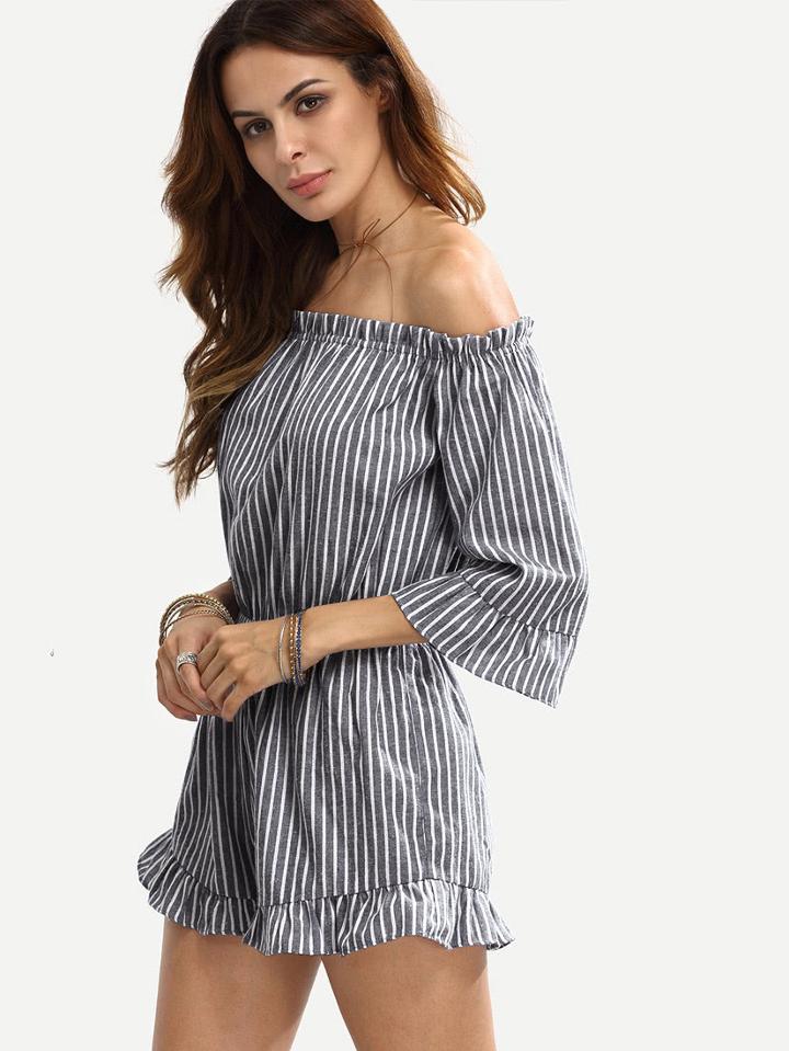 Shein Striped Off Shoulder Frilled Pinstripe Romper