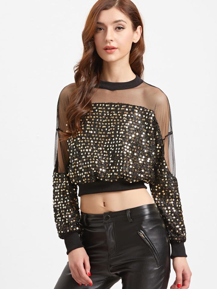 Shein Contrast Sheer Mesh Zipper Back Crop Sequin Sweatshirt