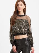 Shein Contrast Sheer Mesh Zipper Back Crop Sequin Sweatshirt