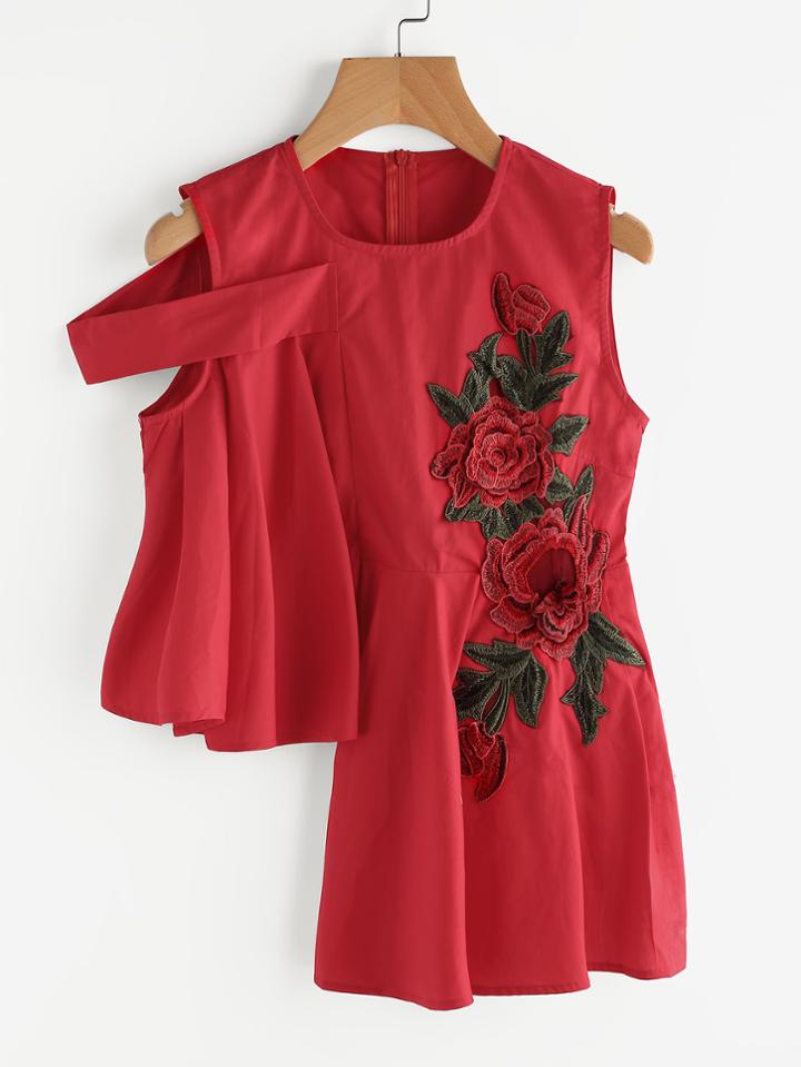 Shein Asymmetrical Hem Flower Embroidery Applique Top