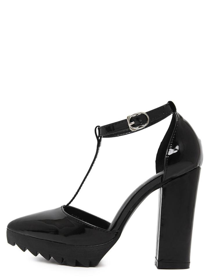 Shein Black Pointed Toe T-strap Chunky Pumps