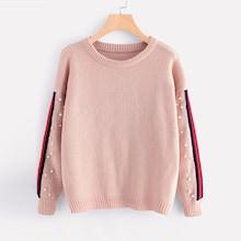 Shein Pearl Beading Striped Sleeve Sweater