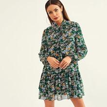 Shein Allover Floral Print Tie Neck Dress