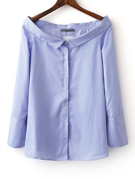 Shein Blue Boat Neck Stripe Buttons Front Blouse