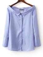 Shein Blue Boat Neck Stripe Buttons Front Blouse