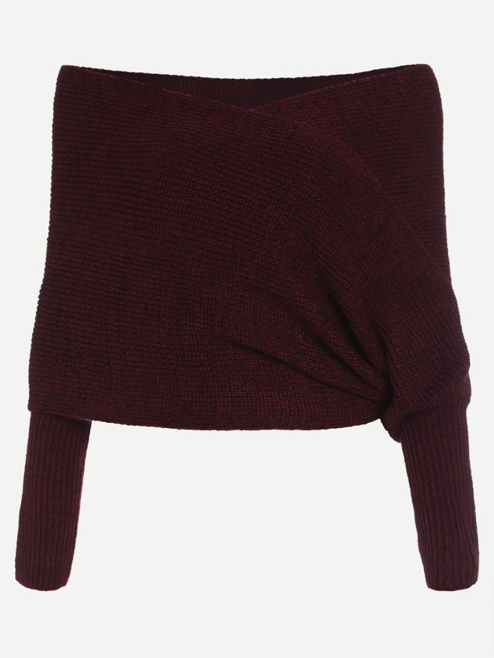 Shein Burgundy Marled Off The Shoulder Cross Wrap Sweater