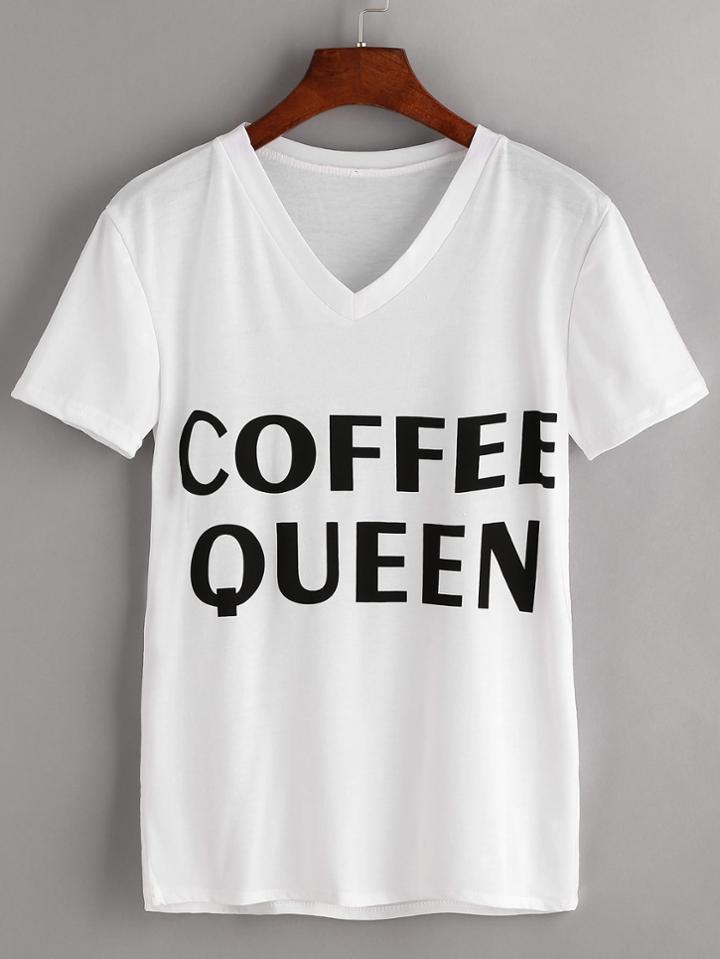Shein V-neckline Letter Print T-shirt