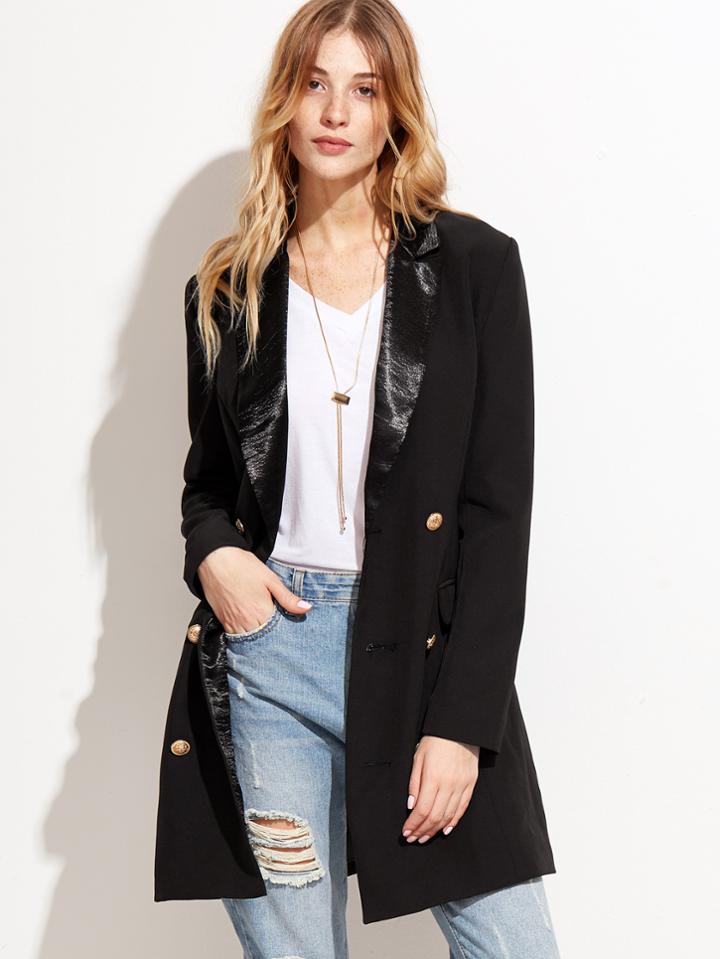 Shein Black Satin Notch Collar Double Breasted Longline Blazer